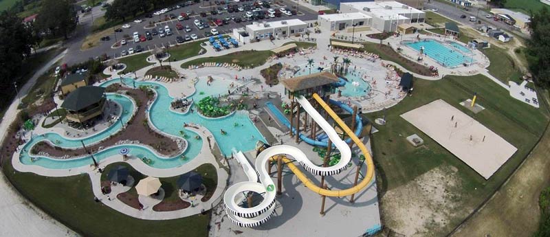Aerial view of Lions Water Adventure Park with slides and pools