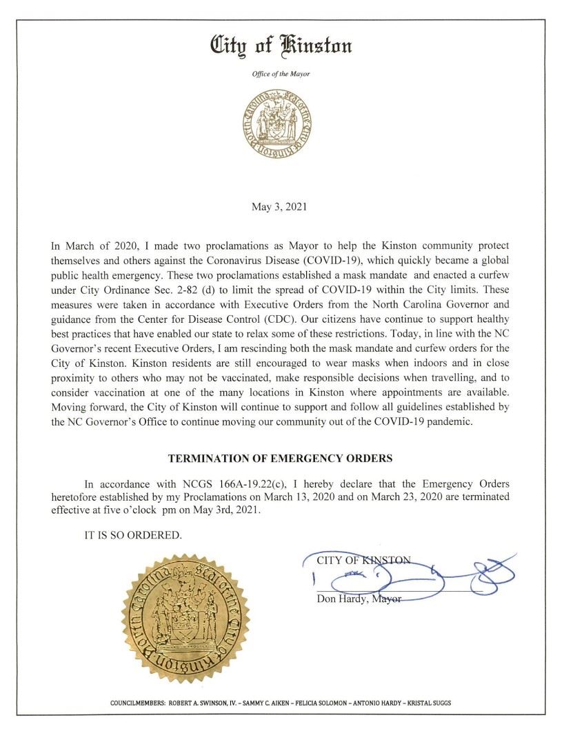 City of Kinston Termination of Emergency Orders